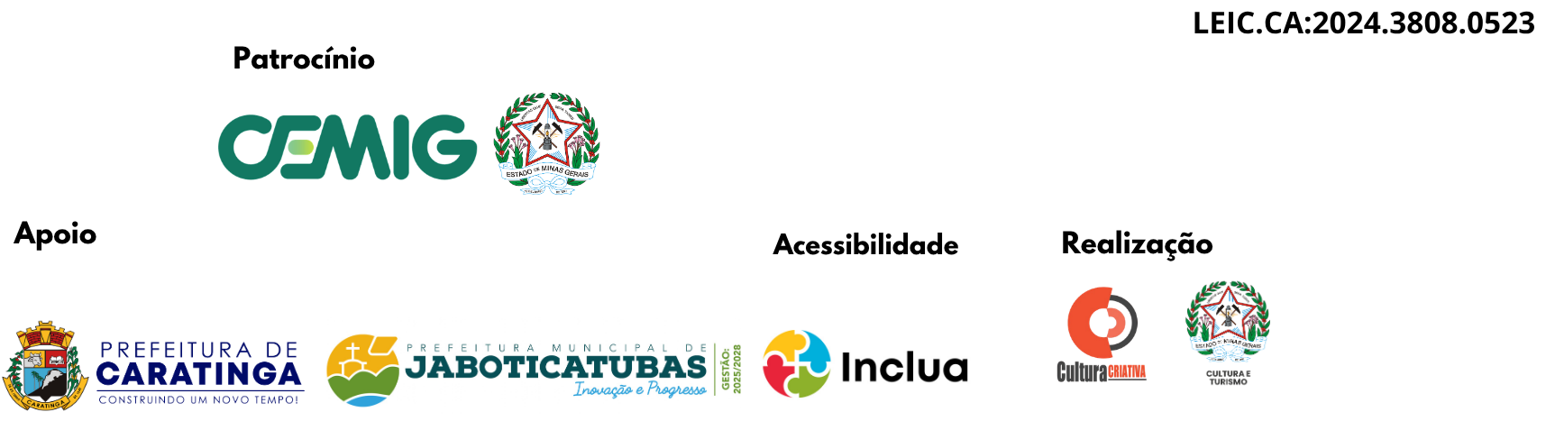 Chancela de Caratinga com logotipos de patrocinadores, apoiadores e da empresa de acessibilidade.